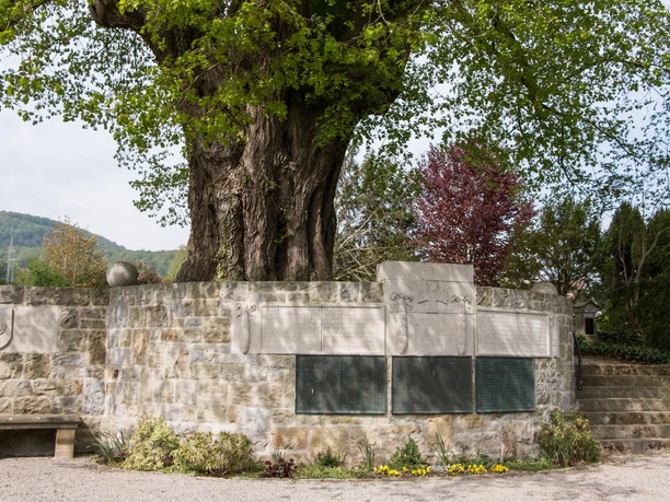 Kriegerdenkmal Kriegerdenkmal mit beeindruckendem Baum in Steinmauer, umgeben von Treppe und blühenden Pflanzen.