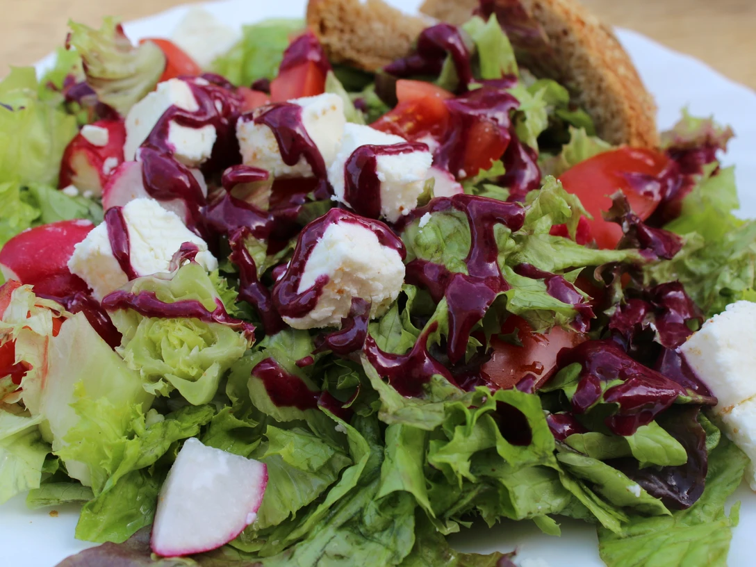 Salat Ein frischer, bunter Salat mit Feta-Würfeln, Radieschen, Tomaten und rotem Dressing auf einem weißen Teller.