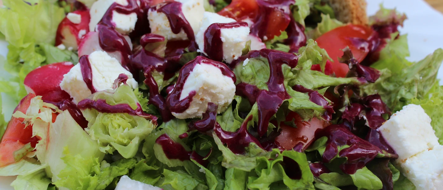 Salat Ein frischer, bunter Salat mit Feta-Würfeln, Radieschen, Tomaten und rotem Dressing auf einem weißen Teller.