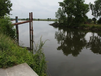 Hafen Dreye Flussarm mit grüner Uferböschung und bewachsenen Bäumen, ruhiges Wasser und sanfter Himmel.