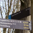 Wegweiser Wegweiser im Wald zeigt Entfernungen zur Aggertalhöhle, Engelskirchen, Rommersberg und Feckelsberg.