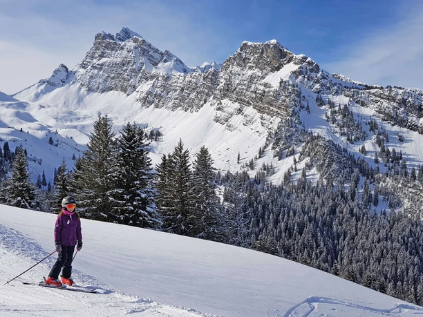 Skifahrerin auf der Skipiste, Berge im Hintergrund