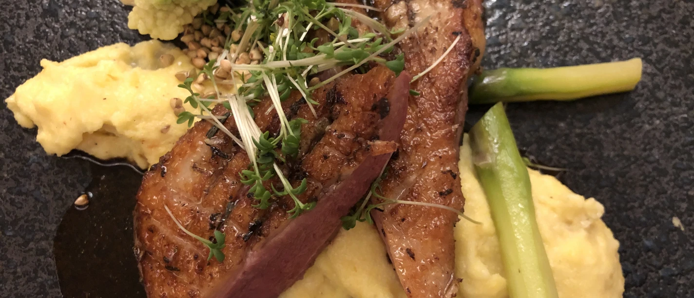 Grilled duck fillet on creamy mashed potatoes, garnished with broccoli and fresh herbs.
