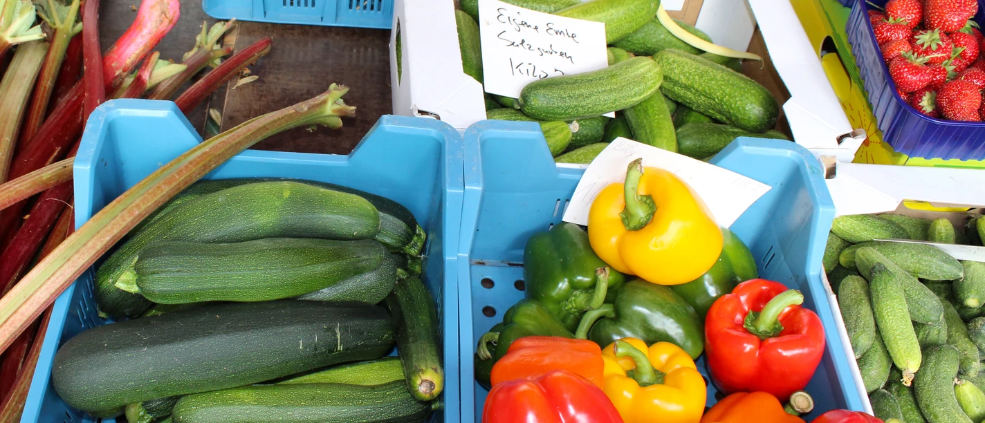 Wochenmarkt Hoya Frisches Obst und Gemüse auf einem belebten Marktstand mit Zucchini, Paprika und Erdbeeren.
