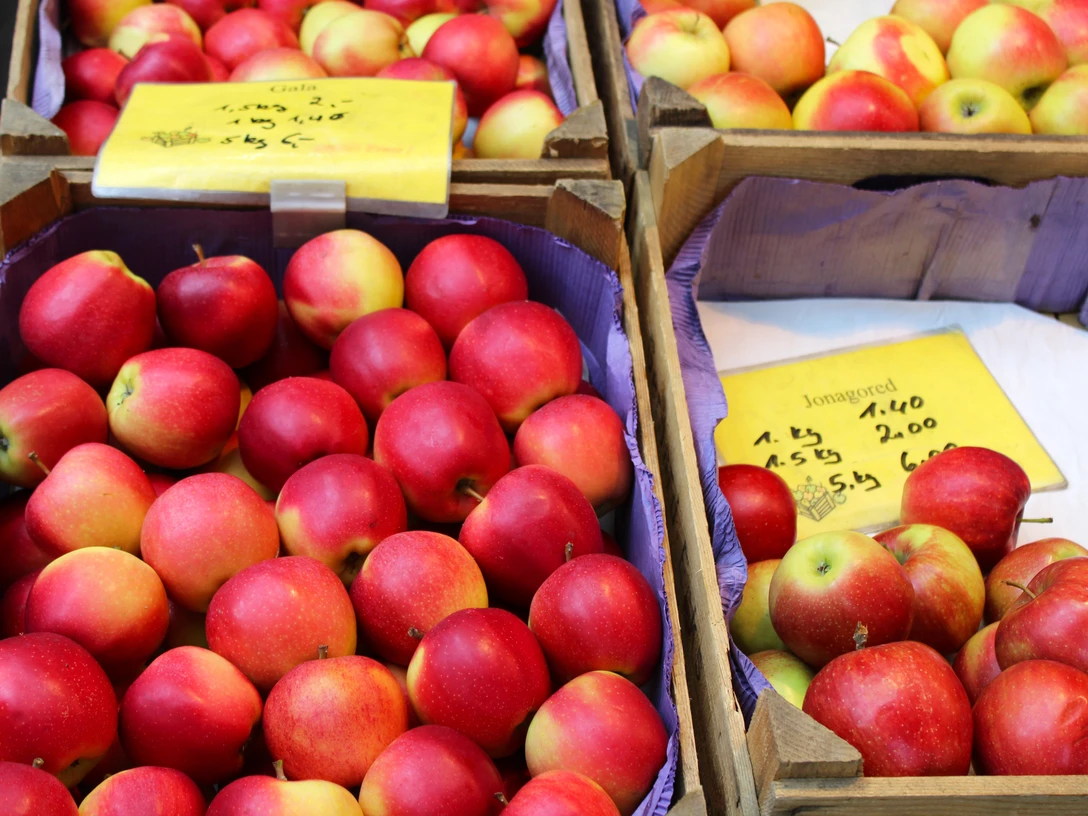 Wochenmarkt Petershagen Frische und leuchtend rote Äpfel in Holzkisten, arrangiert auf dem Wochenmarkt in Petershagen.