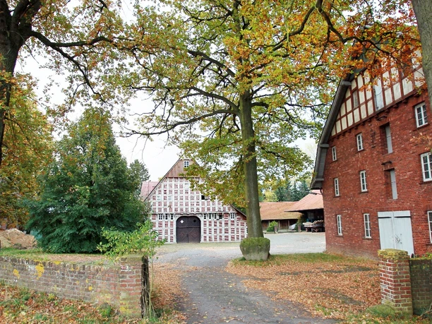 Historischer Sattelmeierhof mit prächtigem Fachwerkgebäude, umgeben von herbstlichen Bäumen und Ziegelhäusern.