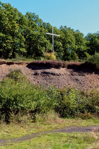 Waldreicher Hang mit Kreuz am Spatzenberg, umgeben von üppigem Grün und klarem Himmel.