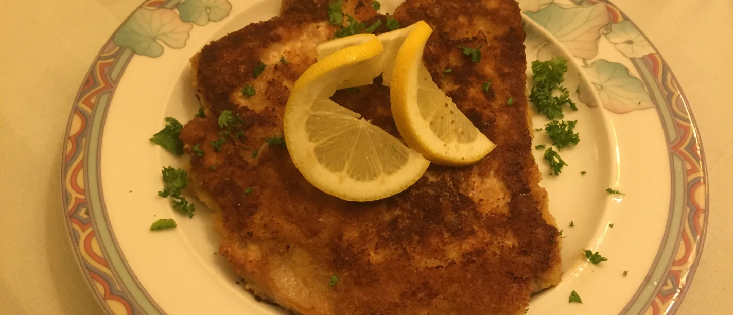 Goldbraun paniertes Schnitzel, garniert mit Petersilie und zwei Zitronenscheiben auf floralem Teller.