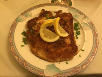 Schnitzel Teller Goldbraun paniertes Schnitzel, garniert mit Petersilie und zwei Zitronenscheiben auf floralem Teller.
