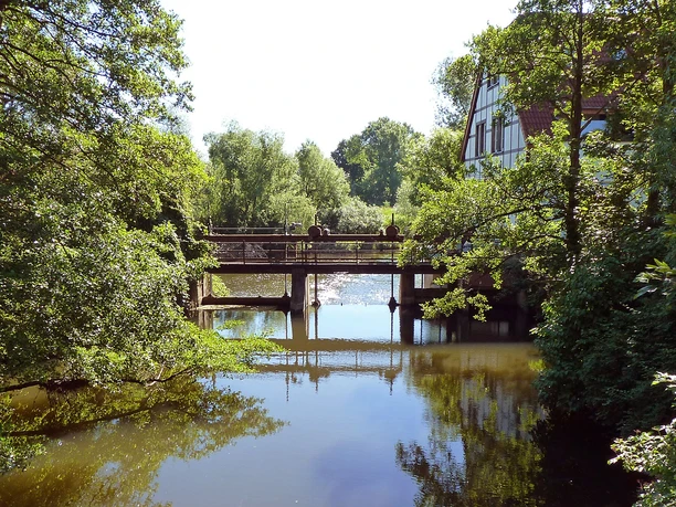 Brücke über ruhigen Fluss im Naturschutzgebiet Elseaue, umgeben von üppigem Grün und hellem Himmel.