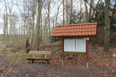 Brunsburg Holzbank und Infotafel mit rotem Ziegeldach stehen im frühen Frühlingswald an einem Wanderpfad.