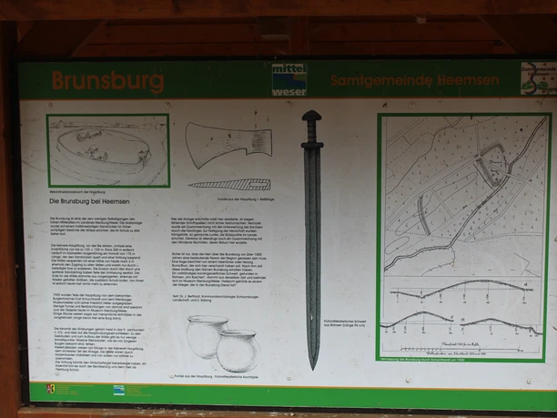 Informationstafel zur Brunsburg bei Heemsen mit Texten, Zeichnungen und historischen Darstellungen.