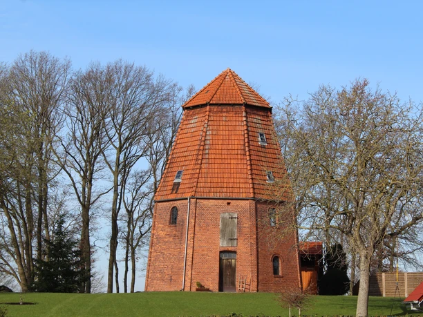 Windmühle Ruine Haßbergen Ruine einer historischen Windmühle in Haßbergen, umgeben von kahlen Bäumen und klarem Himmel.