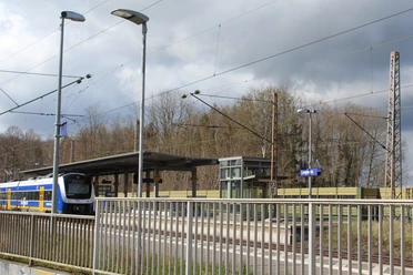 Bahnhof mit blau-gelbem Zug, überdachter Wartebereich, umgeben von Bäumen unter bewölktem Himmel.