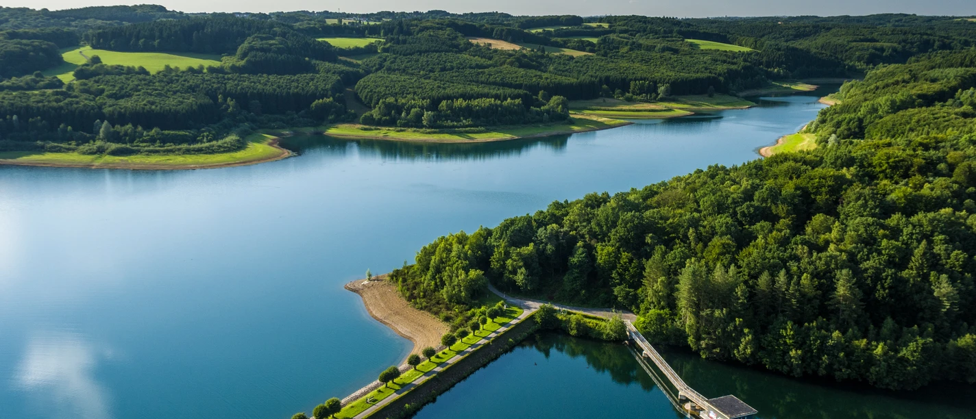 Staudamm Vorsperre Große Dhünn Luftaufnahme eines klaren Sees in einer sanft hügeligen Landschaft, umgeben von dichten Wäldern.