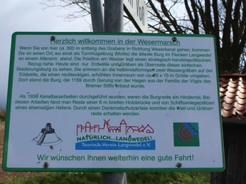 Die Informationstafel begrüßt Besucher zur Turmhügelburg Hagen-Grinden in der Wesermarsch.