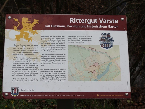 Rittergut Varste Infotafel über Rittergut Varste mit Hauswappen, Karte des Geländes und Text zur Geschichte.
