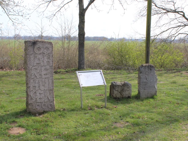 Drei historische Steine im Gras zeigen Gravuren und befinden sich nahe einer Info-Tafel vor offenem Feld.
