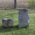 Zwei historische Snedensteine aus Stein ragen aus einer grünen Wiese, umgeben von Bäumen.