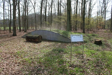 Ein überwachsener Hügel im Wald, beschrifteter Infostand und Baumstammbank im Vordergrund.