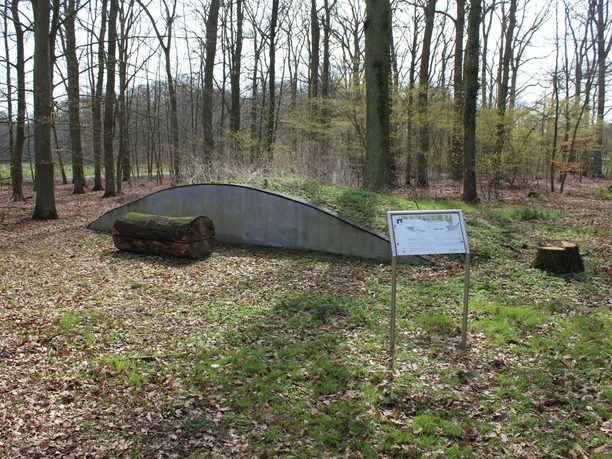 Hügelgrab Diensthop Ein überwachsener Hügel im Wald, beschrifteter Infostand und Baumstammbank im Vordergrund.