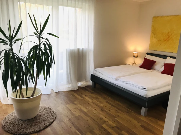 17-appartment-2-hotel-eikamper-hoehe.jpg Ein gemütliches Schlafzimmer mit Doppelbett, zwei Nachttischen, einer Stehlampe und einer Zimmerpflanze.