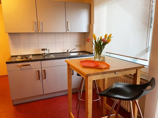16-appartment-1-kueche-hotel-eikamper-hoehe.jpg Kompakte Küchenzeile mit grauen Schränken, Spüle, kleinem Holztisch, Hockern und Blumenvase.