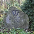 Gedenkstein aus Stein mit Inschrift "Burgen der Grafen de Stumpenhus 1975 - 1977" in einer grünen Waldszene.