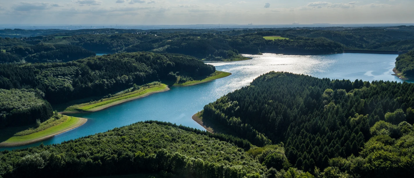 Große Dhünn-Talsperre Panoramablick auf eine weitläufige Landschaft mit Seen, Wäldern und grünen Wiesen unter blauem Himmel.