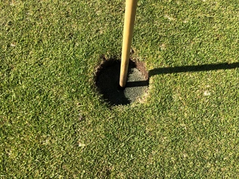 Golfloch Ein Blick auf ein Golfloch mit einer Flagge auf einem gepflegten Grün. Ein schöner Tag zum Golfen.