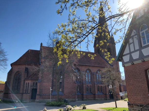 Backsteinkirche mit hohem Turm und Spitzbogenfenstern, umrahmt von Bäumen unter klarem, blauen Himmel.