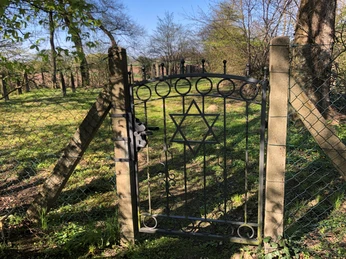 Jüdischer Friedhof Leese Metalltor mit Davidstern, umgeben von zaunbegrenztem, baumbestandenen Friedhof mit grasbewachsenem Boden.