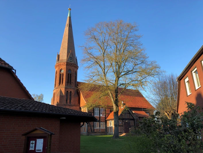 Die Kirche in Estorf, ein roter Backsteinbau mit hohem Turm, umgeben von Bäumen im Sonnenlicht.