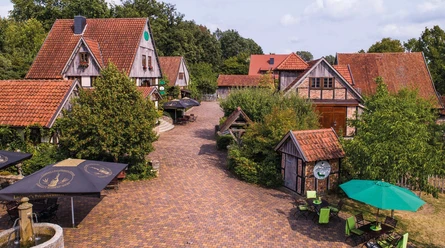 Liebharts Fachwerkdorf-Collage Historisches Fachwerkdorf mit gepflasterten Wegen, umgeben von Bäumen und einladenden Terrassen.