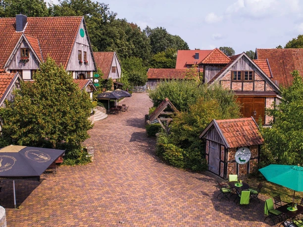 Liebharts Fachwerkdorf-Collage Historisches Fachwerkdorf mit gepflasterten Wegen, umgeben von Bäumen und einladenden Terrassen.