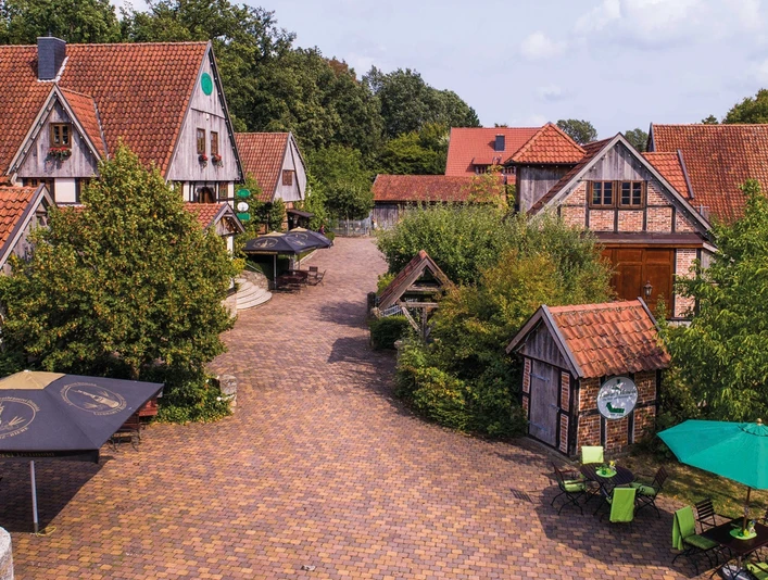 Liebharts Fachwerkdorf-Collage Historisches Fachwerkdorf mit gepflasterten Wegen, umgeben von Bäumen und einladenden Terrassen.