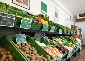 Bioland Hofladen Kossehof Regale mit frischem Biogemüse und Obst im Hofladen, darunter Kartoffeln, Zwiebeln, Salat und Paprika