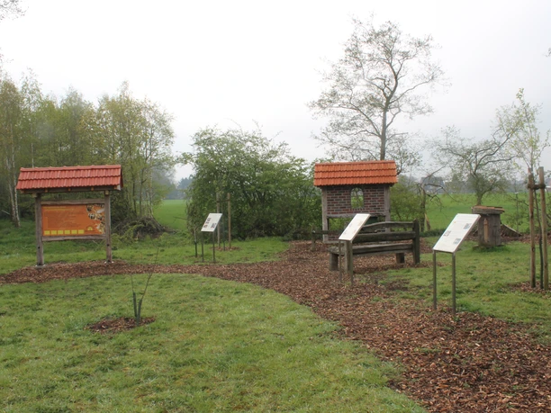Bienenlehrpfad in Salzbergen (Am Emsradweg) Lehrpfad mit Infotafeln und Holzbauten über Bienen in grüner Landschaft bei Salzbergen