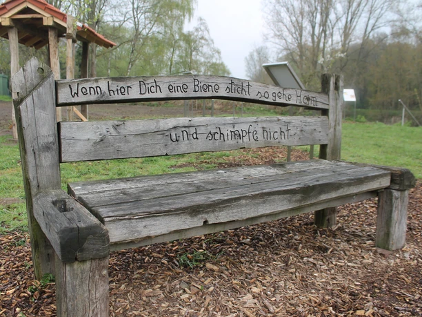 Bienenlehrpfad in Salzbergen (Am Emsradweg) Wettergegerbte Holzbank mit eingraviertem Spruch auf dem Bienenlehrpfad in Salzbergen.