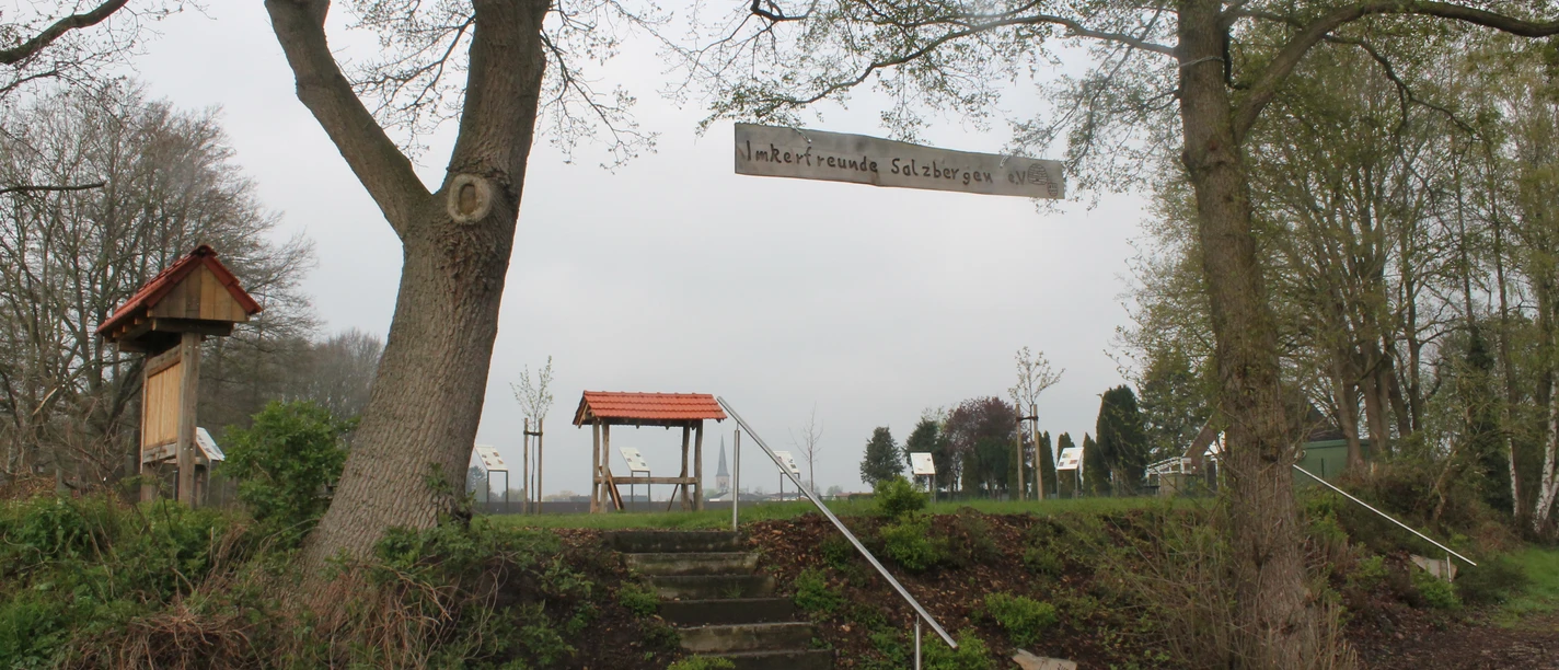 Bienenlehrpfad in Salzbergen (Am Emsradweg) Holztafeln und kleine Pavillons des Bienenlehrpfads Salzbergen zwischen Bäumen und Wiesenlandschaft.