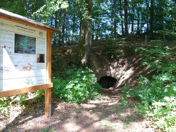 Grubenwanderweg 2 Uli Bürger.jpg Eingang zur Koppenbrüllerhöhle im Wald mit Informationstafel im Vordergrund.