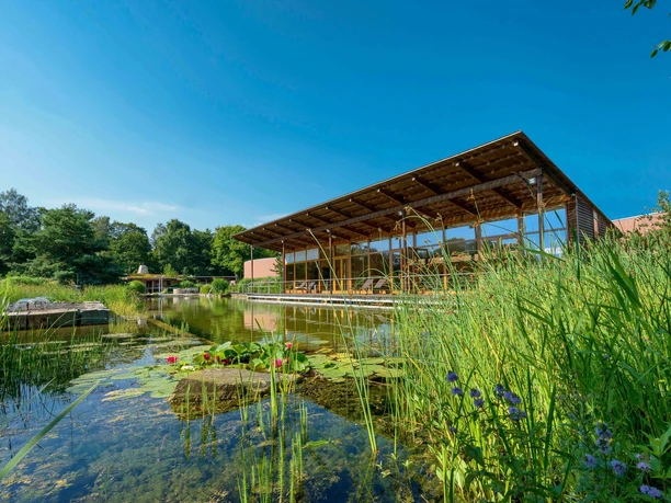 Ein moderner Wellnessbereich am klaren Badesee, umgeben von grüner Vegetation und blühenden Pflanzen.