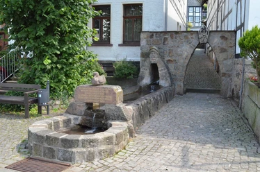 Ein steinerner Brunnen mit Wasserbecken und Relief, umgeben von gepflastertem Hof und Fachwerkhäusern.