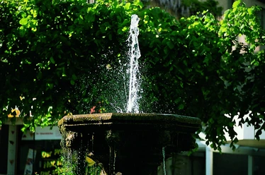 Der Kump auf dem MArktplatz in Steinheim Brunnen mit sprudelndem Wasser auf dem Markt in Steinheim, umgeben von grünen Bäumen im Hintergrund.