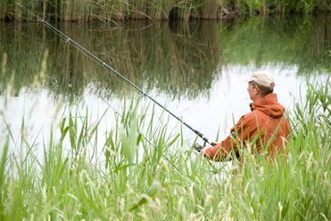 Angler Ein Angler in oranger Jacke entspannt am grünen Schilfufer eines ruhigen Flusses.
