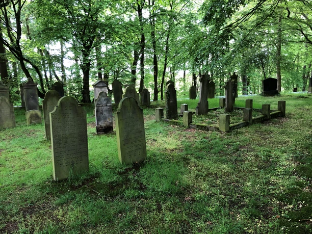 Jüdischer Friedhof Heimsen Grabsteine in einem grünen, bewaldeten Bereich, welcher Ruhe und Geschichte verkörpert.