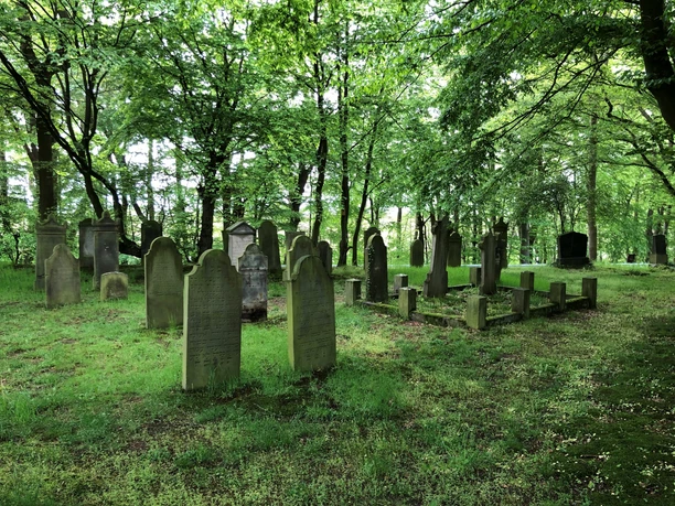 Jüdischer Friedhof Heimsen Alte Grabsteine unter schattigen Bäumen auf dem ruhigen Jüdischen Friedhof Heimsen im Grünen.
