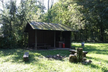Grillplatz Frangenberg Holzhütte im Wald mit Moos bedecktem Dach, umgeben von grüner Wiese und schattenspendenden Bäumen.