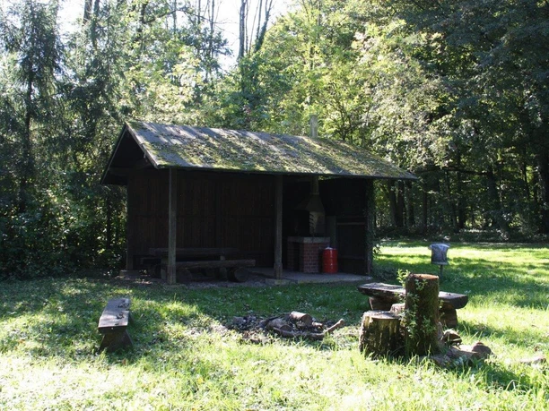 Grillplatz Frangenberg Holzhütte im Wald mit Moos bedecktem Dach, umgeben von grüner Wiese und schattenspendenden Bäumen.