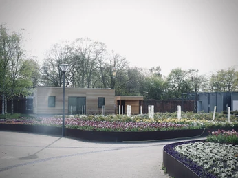 IMG_1362.jpeg Eine moderne Holzhütte in einem farbenprächtigen Frühlingsgarten voller blühender Blumenbeete.